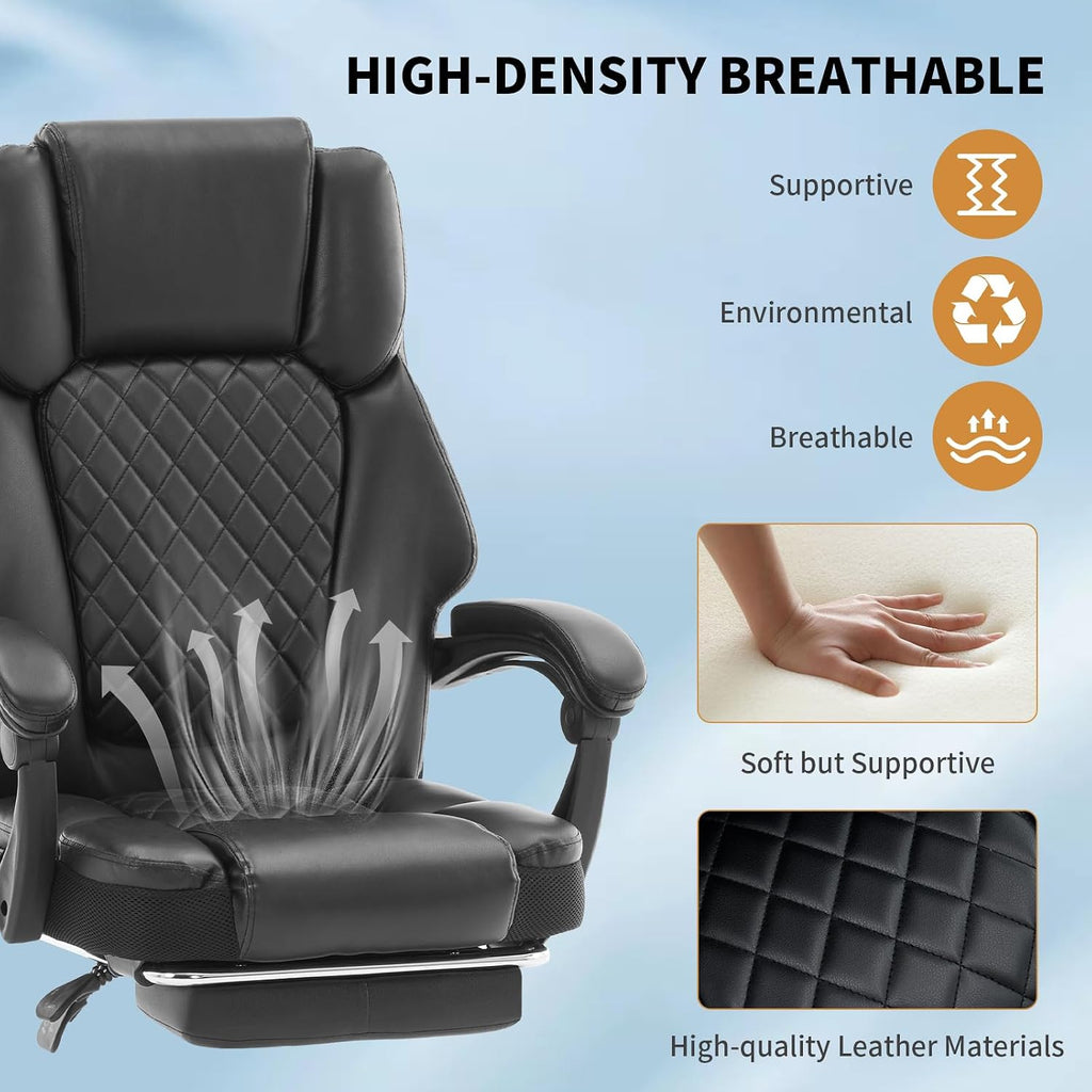 High-Performance Black Massage Office Chair Extendable Footrest + 6-Zone Vibration Heating 400lbs Heavy-Duty Recliner Ergonomic Executive Managerial Chair for Home Office Black