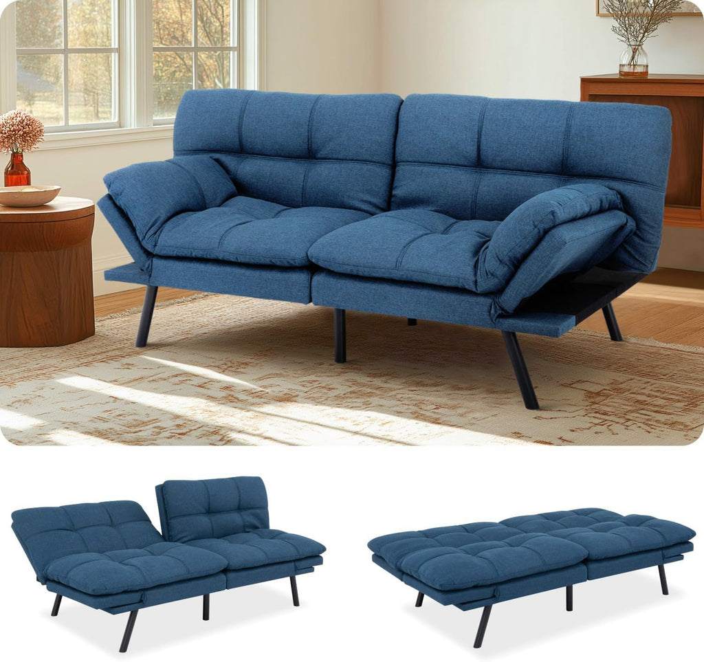 MUUEGM Futon Sofa Bed 71' Convertible Memory Foam Royal Blue Futon Couch Bed Modern Loveseat Sleeper with Adjustable Backrests Armrests for Living Room,Small Space,Office