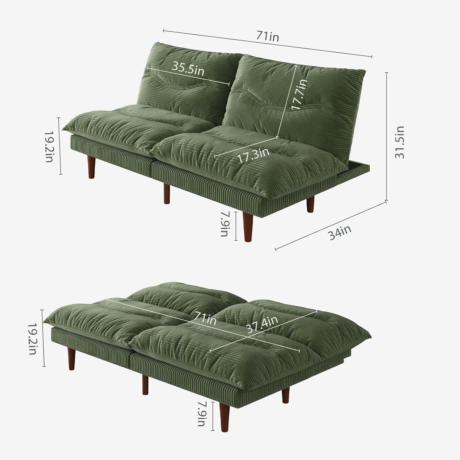 LLappuil Futon Sofa Bed, 69 inch Futon Couch with Adjustable Backrest, Corduroy Convertible Sleeper Sofa Bed, Folding Sleeper Recliner, Loveseat for Apartment, Living Room, Office (Green)
