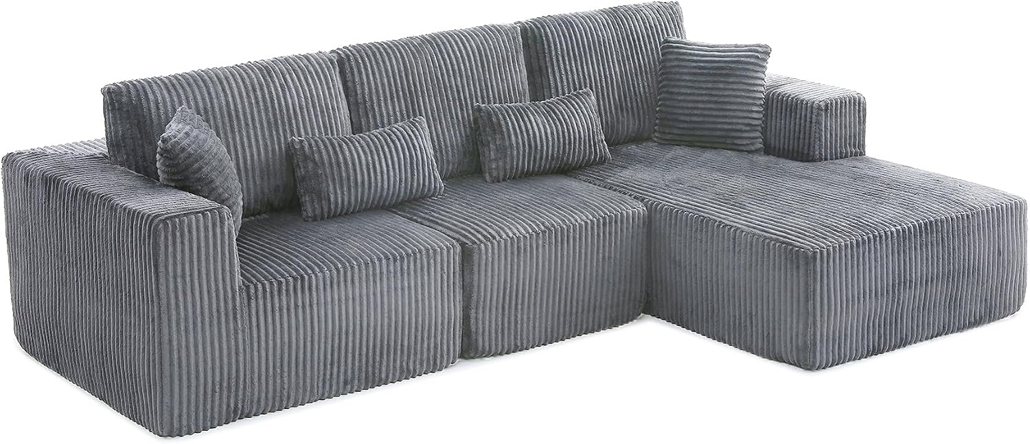 108' Boneless Couches for Living Room, L Shaped Comfy Cloud Modular Sectional Memory Foam Deep Seat Boneless Couch, No Assembly Required Sofa for Living Room with Right Facing Chaise, Dark Grey