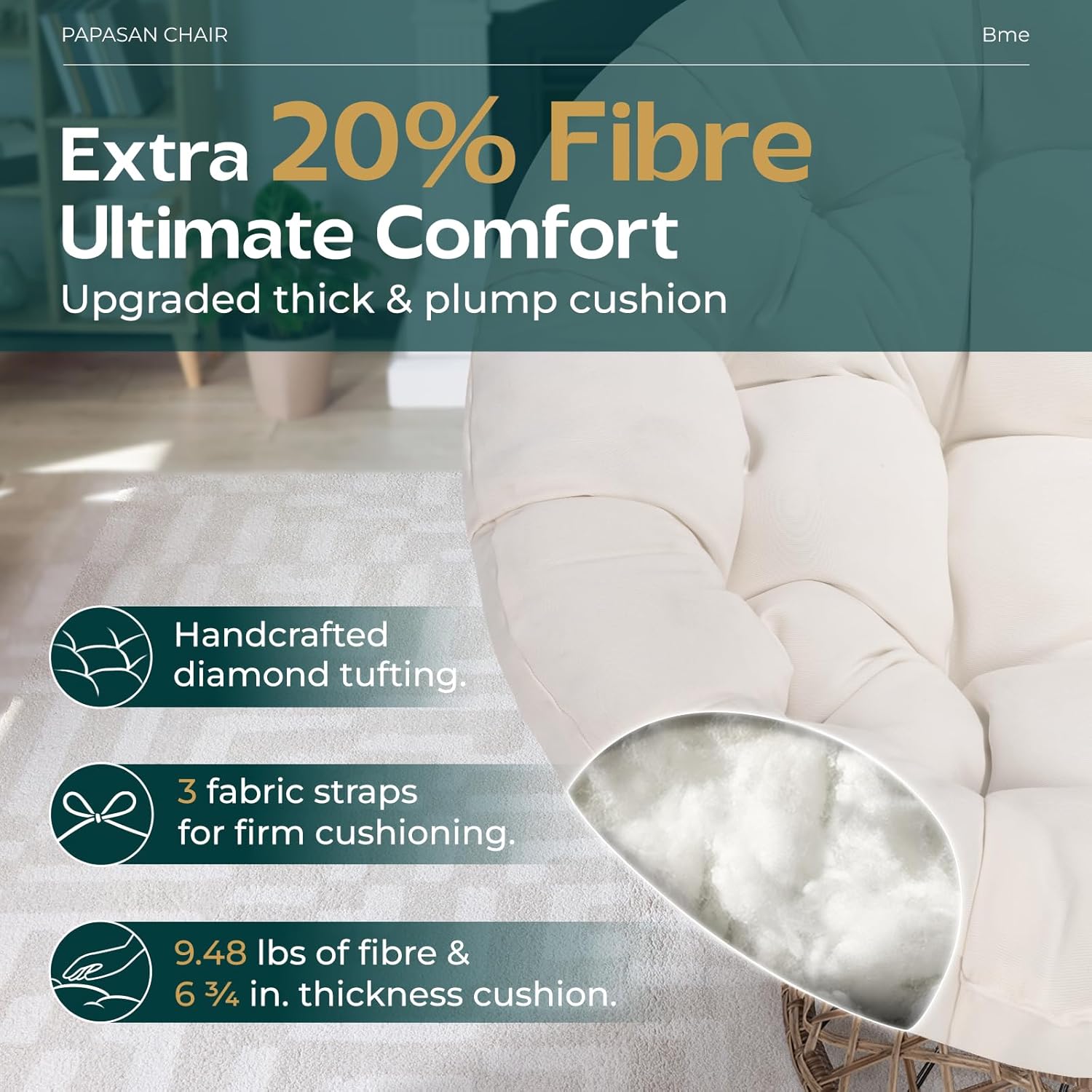 Bme 40' Ergonomic Wicker Papasan Chair with Soft Thick Cushion & Frame, 360° Swivel, Circle, Reading, Comfy Chair for Living Room, Bedroom