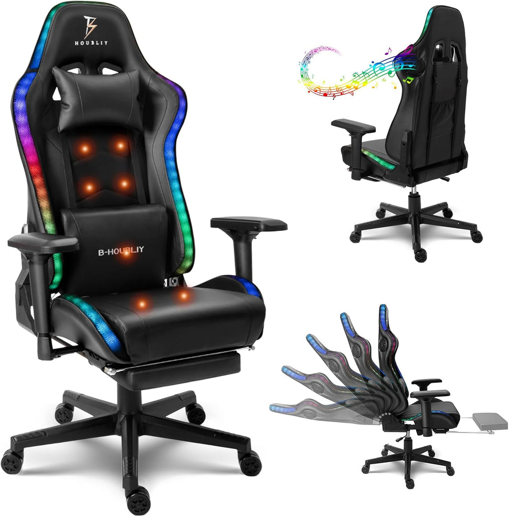 RGB Gaming Chair with Bluetooth Speakers Ergonomic Full Massage Video Game Chairs Lumbar Support 4D Armrests PU Leather Gamer Chair Recliner Chair High Back Computer Chair for Adults Teens,Blac
