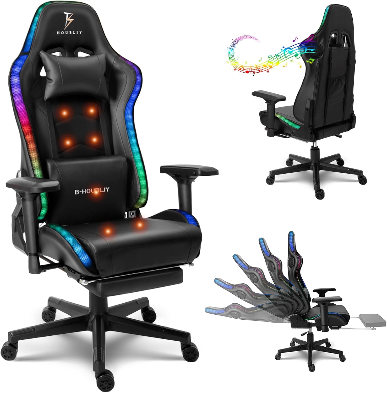 RGB Gaming Chair with Bluetooth Speakers Ergonomic Full Massage Video Game Chairs Lumbar Support 4D Armrests PU Leather Gamer Chair Recliner Chair High Back Computer Chair for Adults Teens,Blac