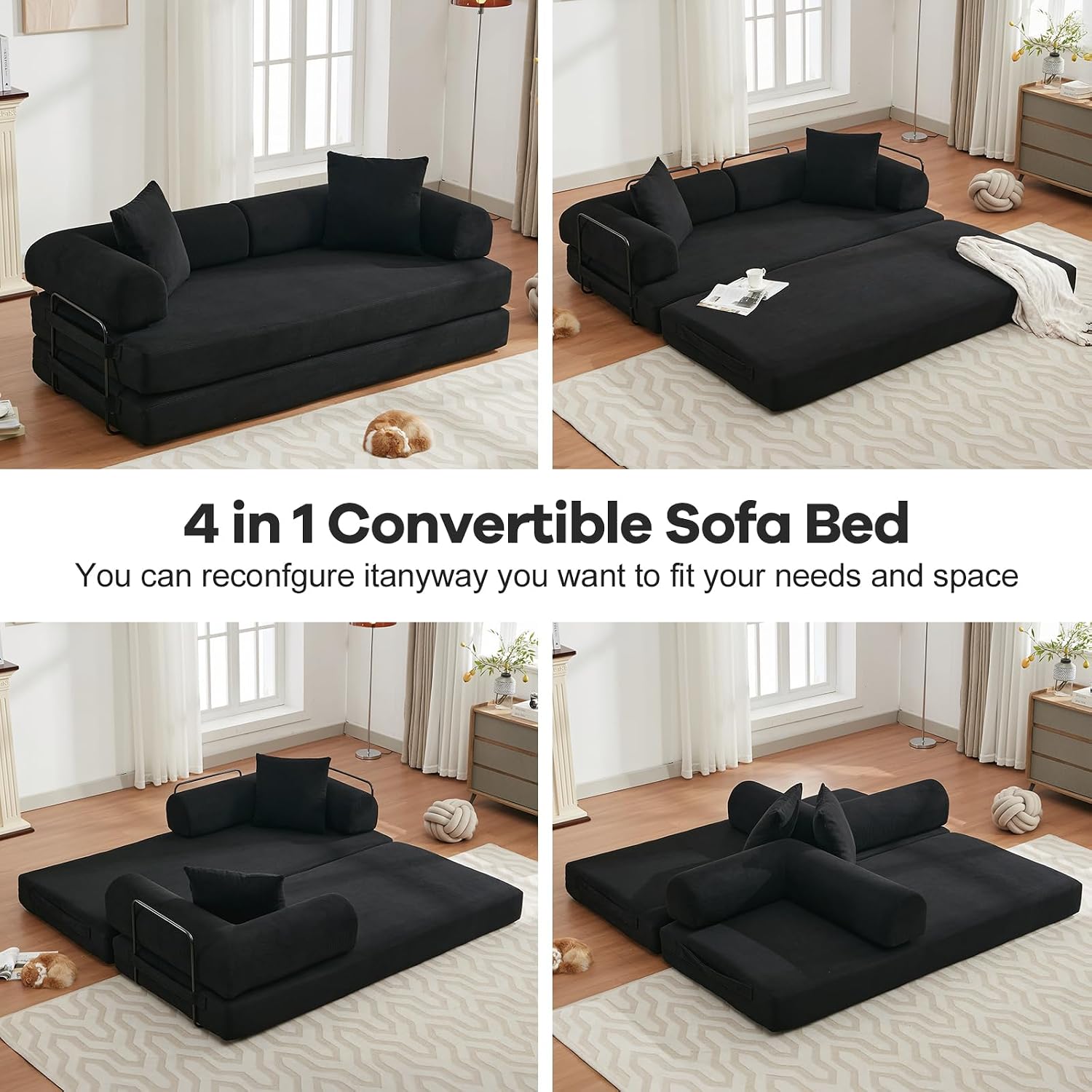 4-in-1 Convertible Folding Sofa Bed, 79' Oversized Corduroy Upholstered Boneless Couch, Loveseat Sleeper Sofa Bed, Floor Sofabed Modular Futon Couch for Living Room Bedroom Lounge (Black)