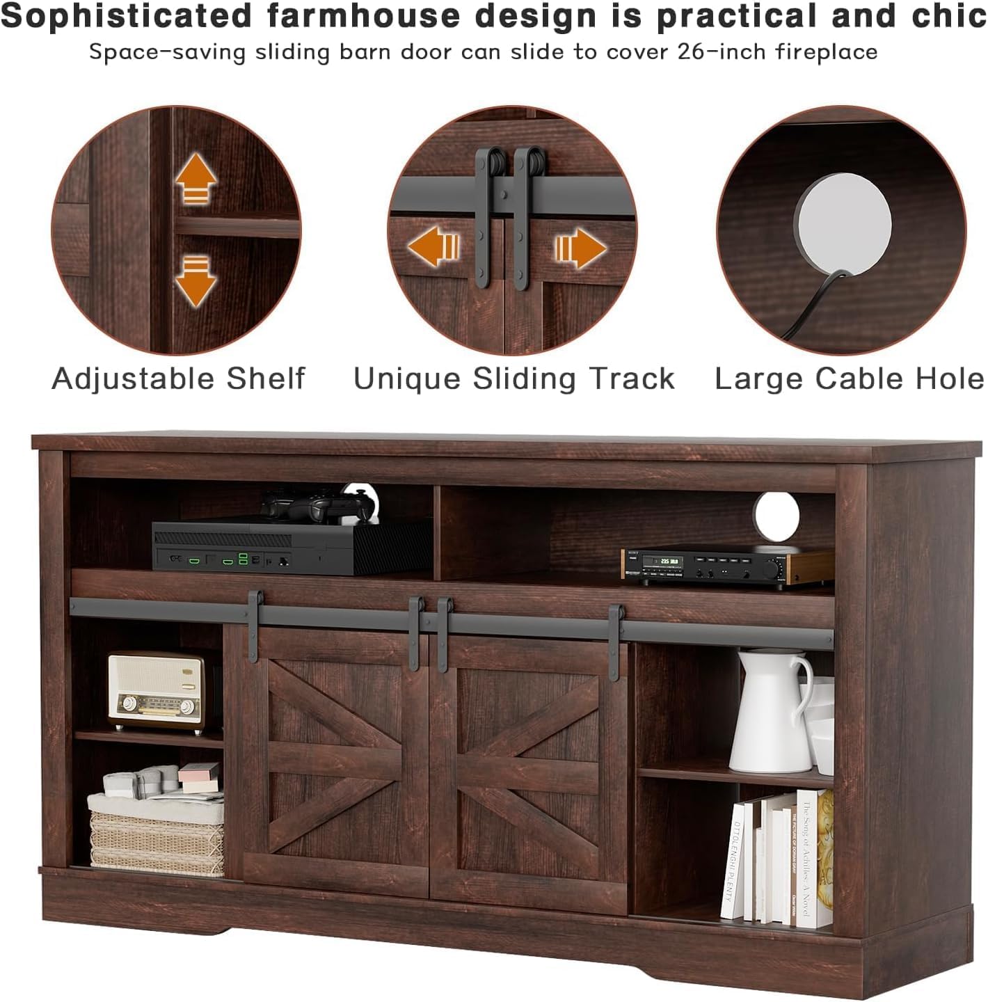 YESHOMY Fireplace TV Stand for Television up to 65+ Inch with Storage and Farmhouse Sliding Barn Doors, Entertainment Center with Cabinet and Shelves, Media Console for Living Room, Dark Brown