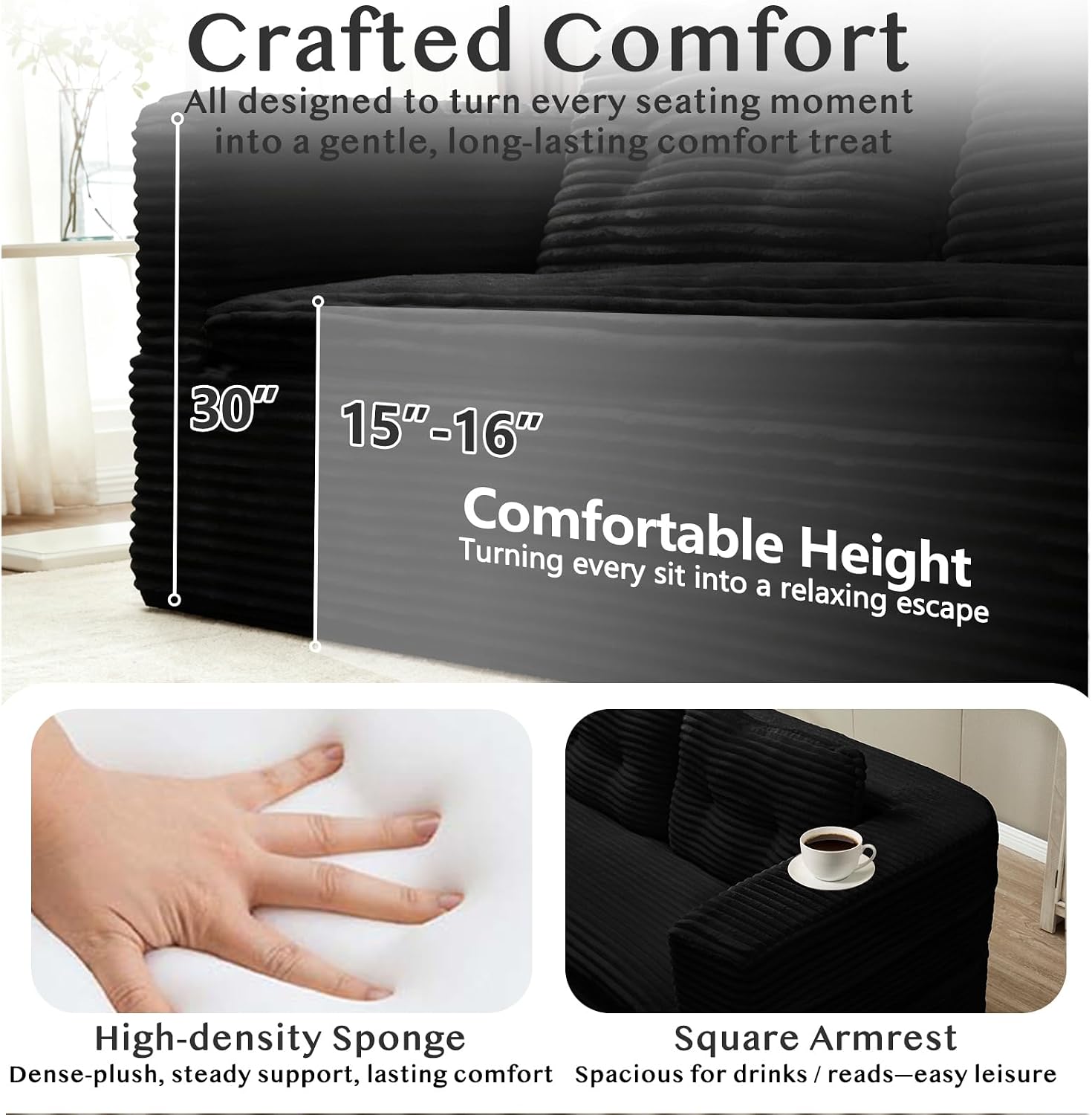 80'' Futon Sofa Bed, King Size Foldable Sleeper Sofa, Corduroy Boneless Loveseat Couch with Chaise Lounge, 3 Pillows, Blanket, Upholstered Sectional Couches for Living Room, Bedroom, Black