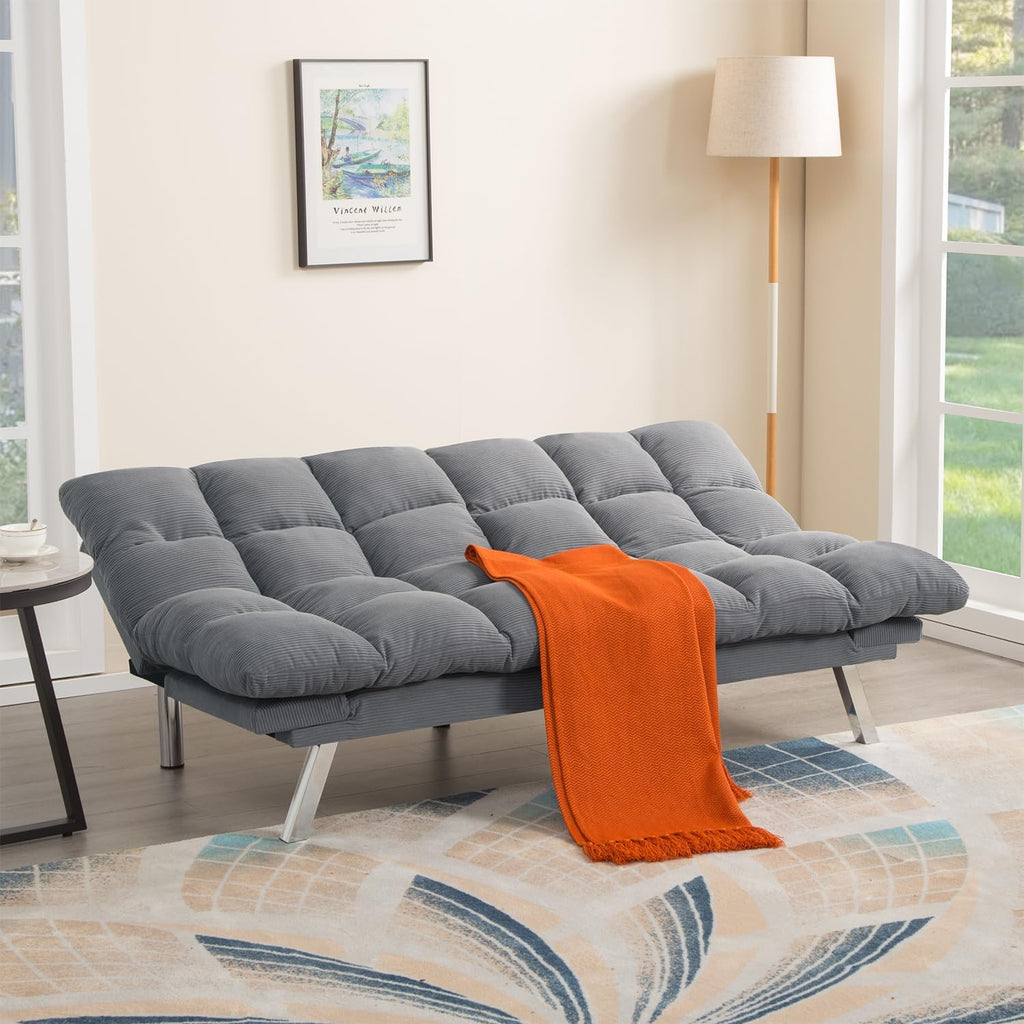 Modern Light Gray Corduroy Convertible Folding Futon Couch Sofa Bed Adjustable Pillow Top Arm Memory Foam Couch Double Loveseat Sofa for Compact Living Space, Apartment, Bedroom (67.3' Light Gray)
