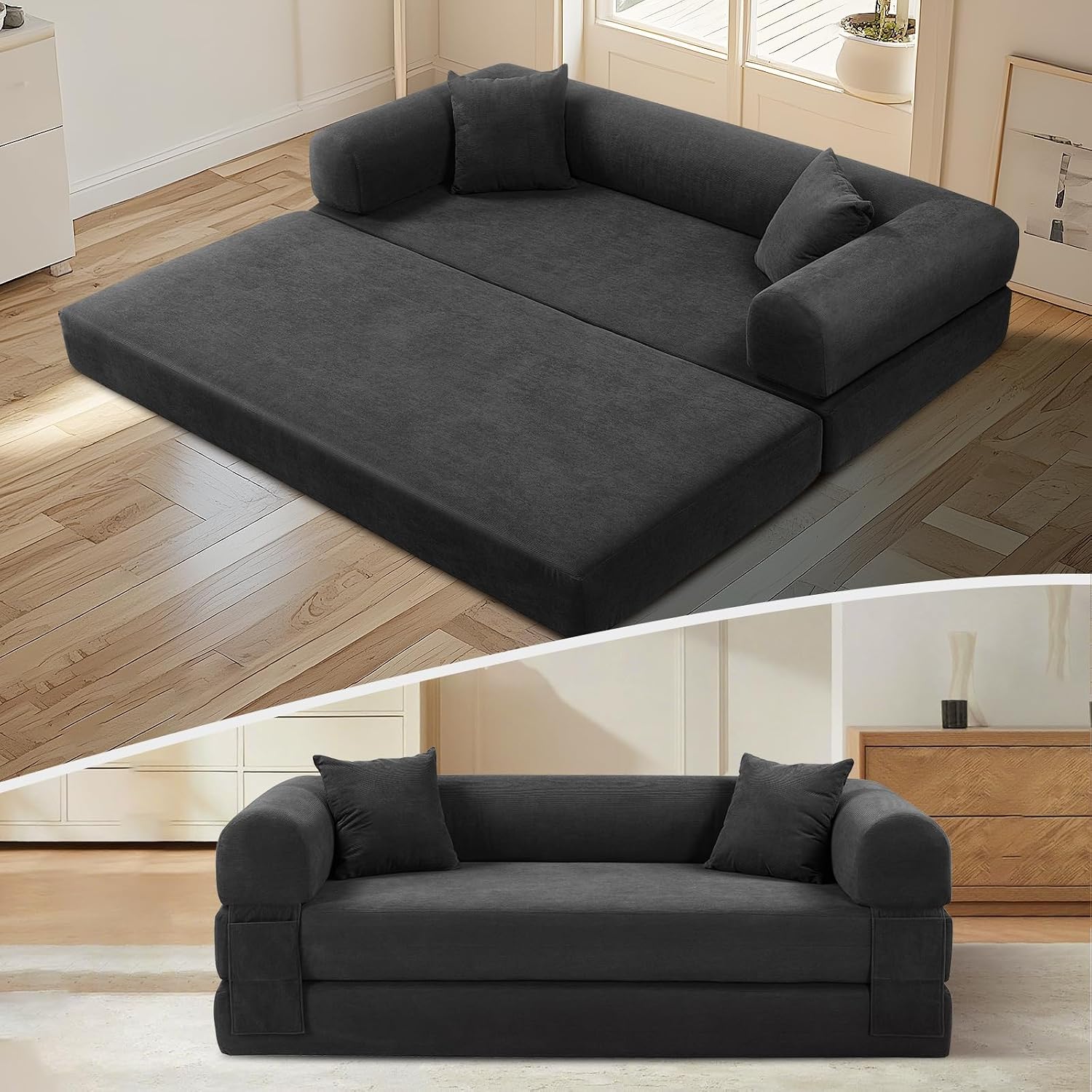 KBQ 3-Seat Convertible Sleeper Sofa Bed with 2 Pillows, Corduroy Folding Mattress Couch, Floor Sofa Lounge Couch for Living Room Bedroom Lounge Studio, Deep Gray