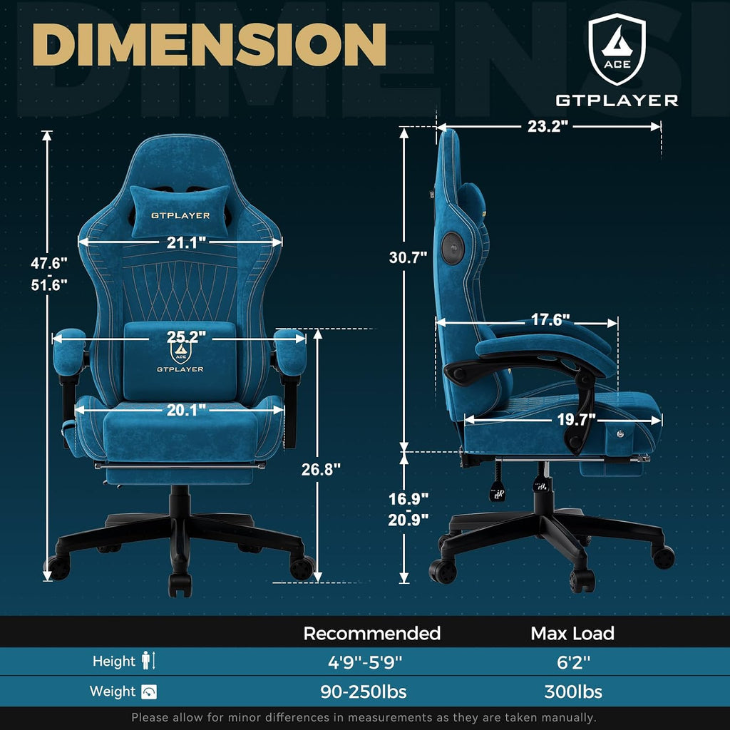 GTPLAYER ACE-PRO Music Gaming Chairs – Built-in Speakers, App Support & Bluetooth Control, Computer Game Chairs with Footrest for Adults, Ergonomic Reclining Silla, Linkage Armrest, Blue 【Velvet】