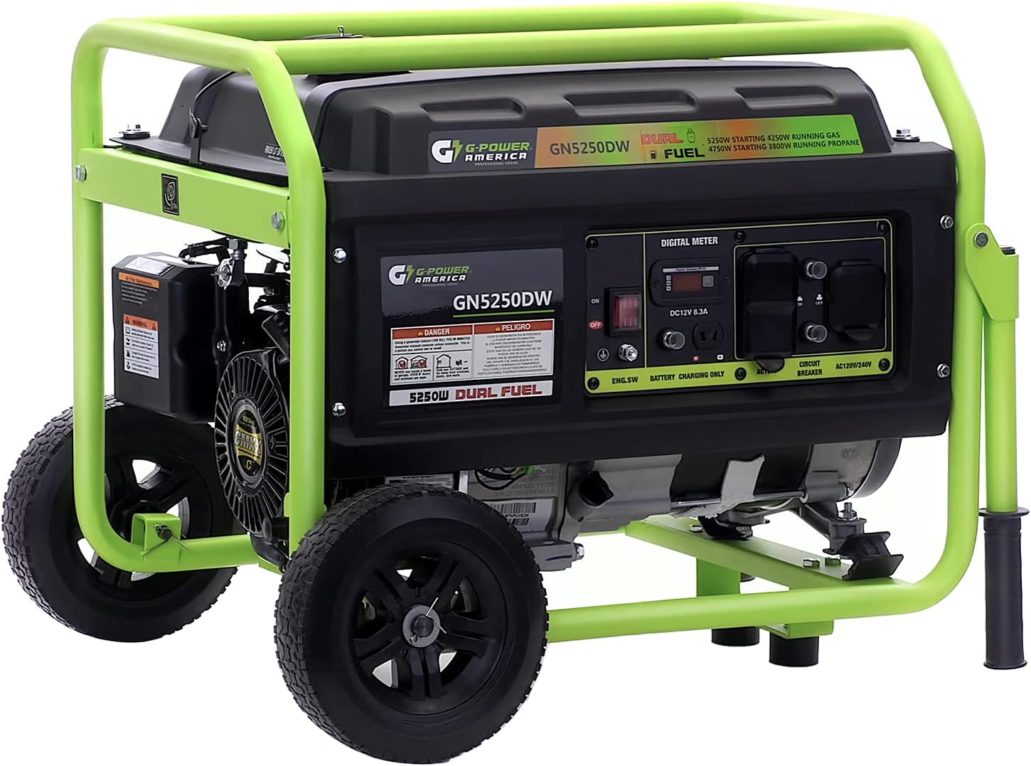Green-Power America 5250W Dual Fuel Portable Generator - Gas or Propane Powered - Heavy-Duty 223cc Engine - Home Backup & RV Ready - 120V/240V AC Output - 4250 Running Watts