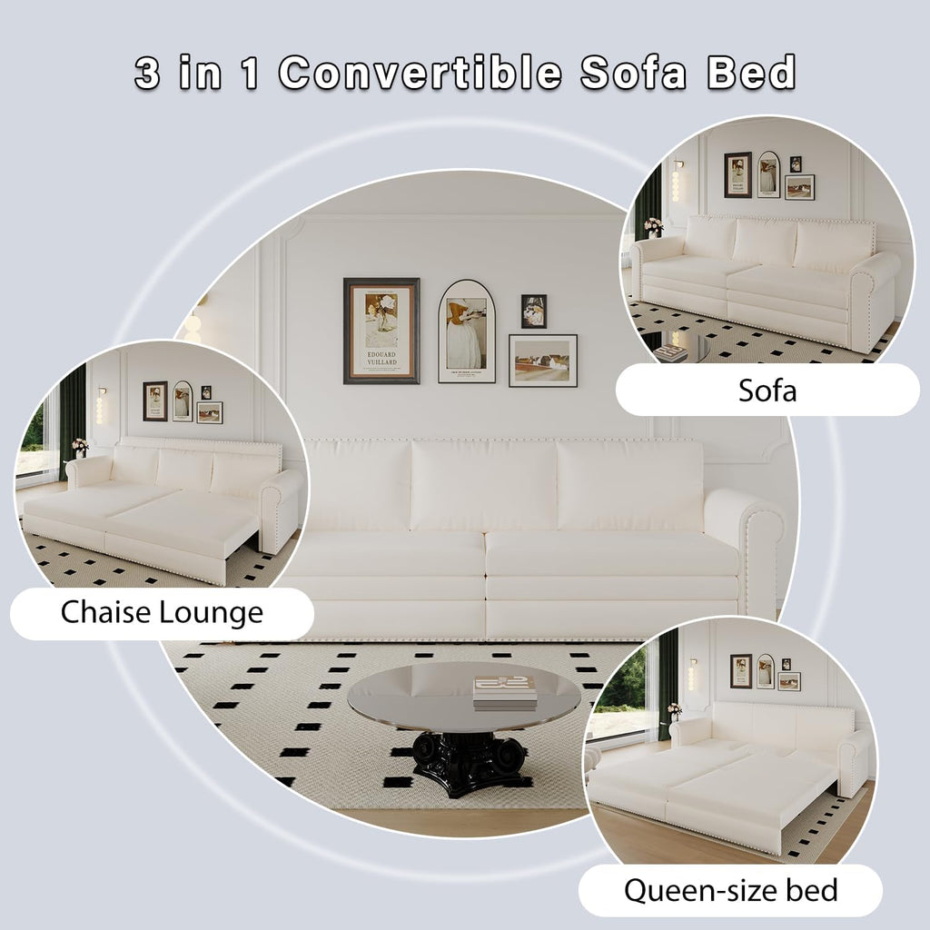 93.7' King Pull Out Sofa Bed, Velvet Sleeper Sofa Couch, 3 in 1 Convertible Futon Couches for Living Room, Small Space, Apartment, Office, Bedroom, Modern Rivet Armrest, Beige