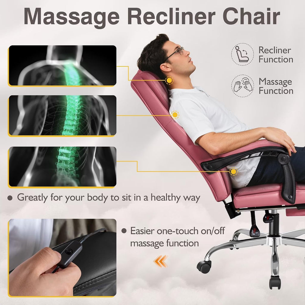 Shahoo Executive Office Chair with Massage, Ergonomic Reclining High Back Leather Seats with Footrest and Lumbar Support, Big and Tall, 400Lbs Heavy Duty, Pink