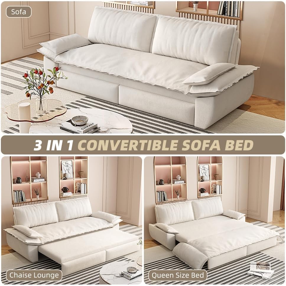 3-in-1 Convertible Sofa Bed Queen Size Pull Out Sleeper Sofa with Heavy Duty Metal Frame, Luxurious Velvet Upholstered Loveseat with 2 Pillows, Modern Folding Guest Bed for Living Room, Apartment | Removable Cushions