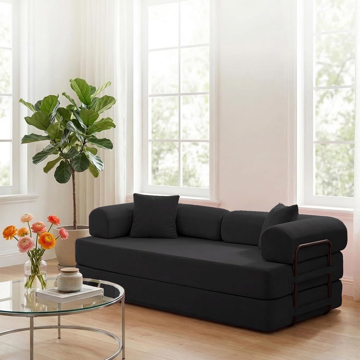 ijuicy 4-in-1 King Convertible Floor Sofa Bed w/ 2 Pillow,Modular Sleeper Sofa/Folding Futon Couch Bed w/Cylindrical Backrest and Fixed Frame,Lounge Couch,Corduroy Compression Sofas for Home-Black