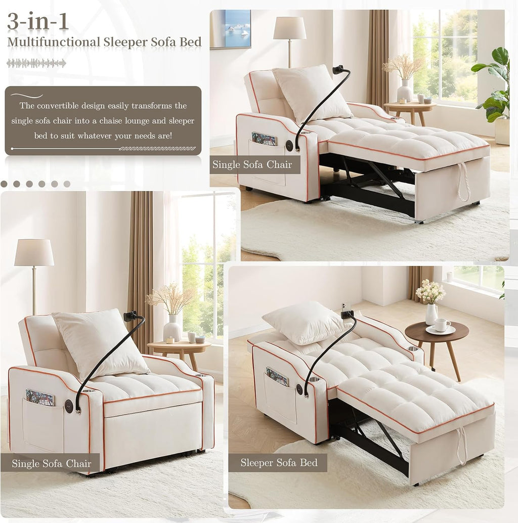 Convertible Sleeper Sofa Chair Bed, 3 in 1 Velvet Single Small Futon Sofa Bed with Phone Holder & USB Ports,Pull Out Couch Recliner with Adjustable Backrest for Living Room, Office, Small Place(Beige)