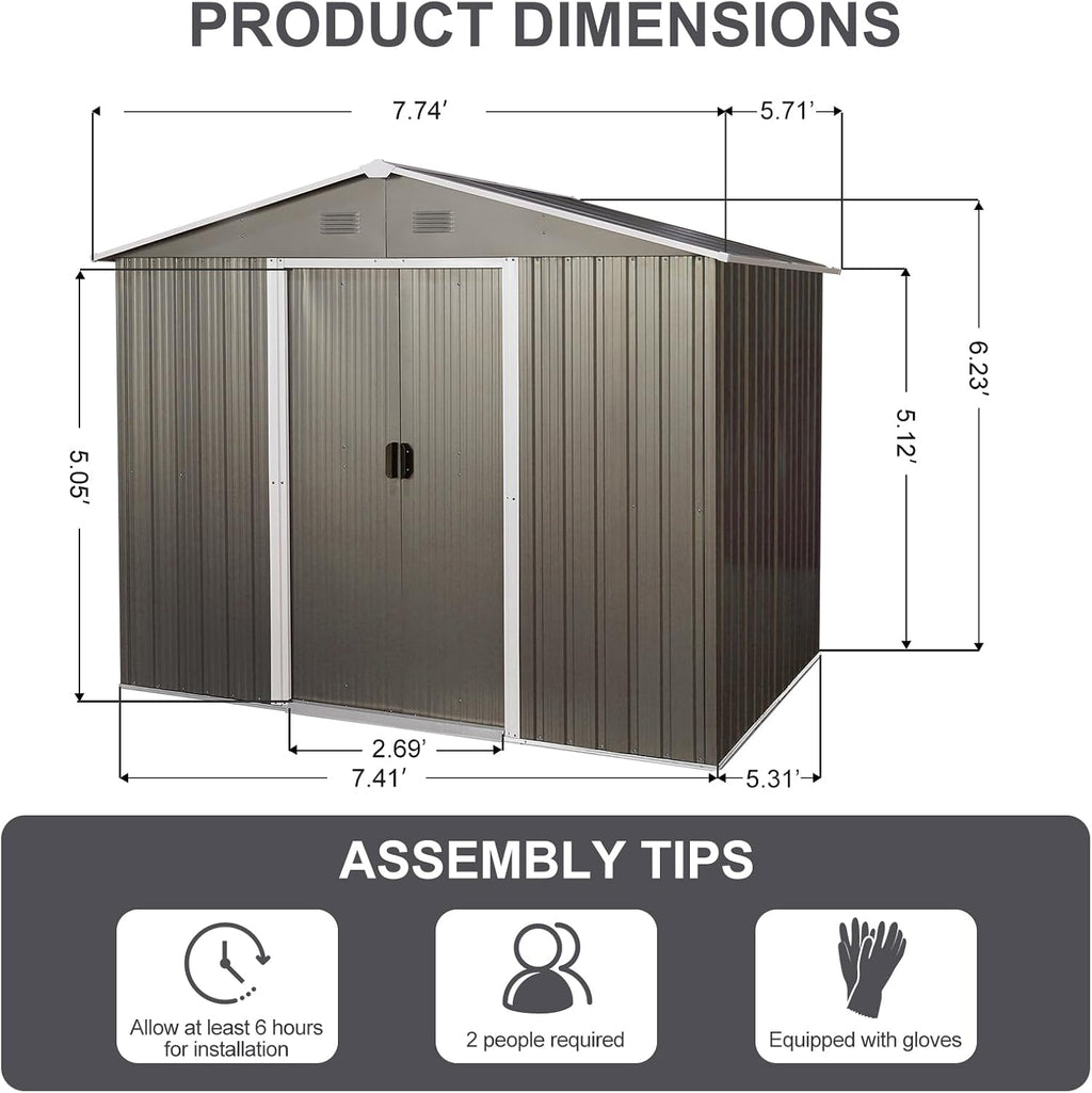 8 x 6 FT Outdoor Storage Shed, Metal Garden Shed with Floor Frame, Large Tool Shed Outdoor Storage with Lockable Sliding Doors & Air Vents, Storage House Waterproof for Backyard, Lawn, Gray