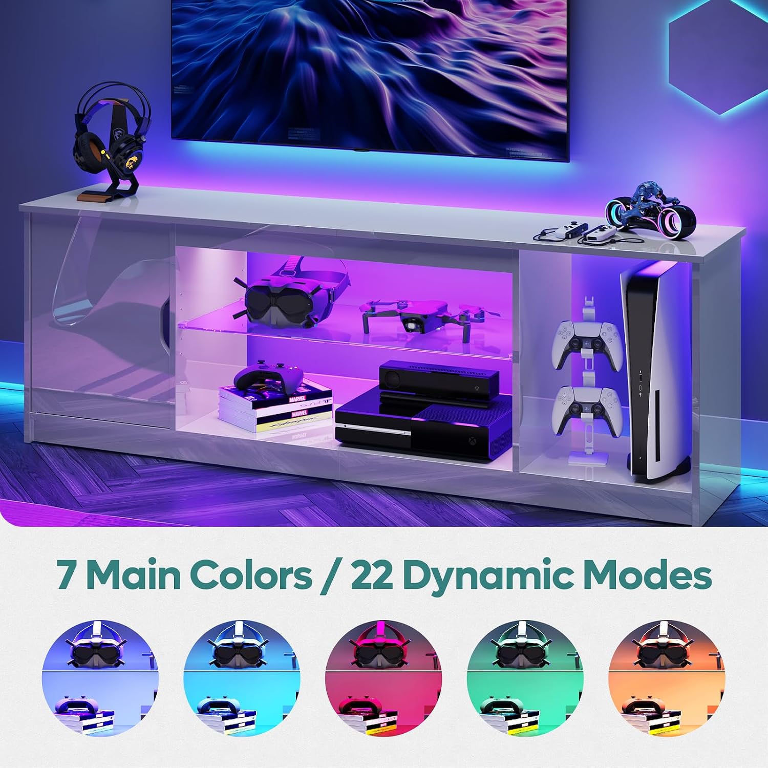 Bestier 57' Gloss White TV Stand for 65' TVs - Modern Gaming Console Unit with Glass Shelves, PS5/Xbox Cabinet, Adjustable Height Entertainment Center for Bedroom & Living Room