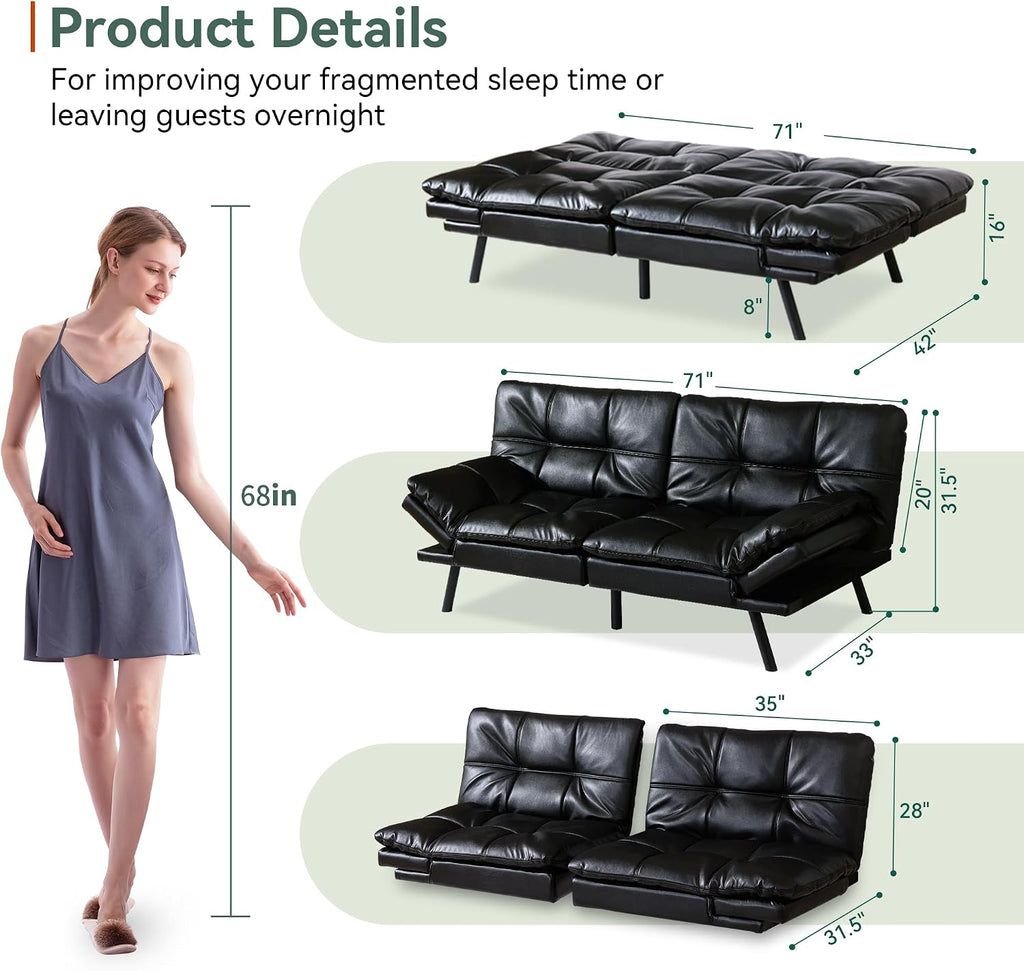 Opoiar 71' L Covertible Futon Sofa Bed,Faux Leather Futon Couch, Memory Foam Modern Loveseat Sleeper, Small Splitback Sofa Couches for Living Room,RV,Home Office,Apartment,Black