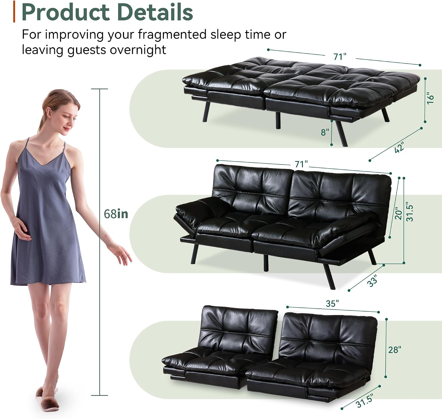 Opoiar 71' L Covertible Futon Sofa Bed,Faux Leather Futon Couch, Memory Foam Modern Loveseat Sleeper, Small Splitback Sofa Couches for Living Room,RV,Home Office,Apartment,Black