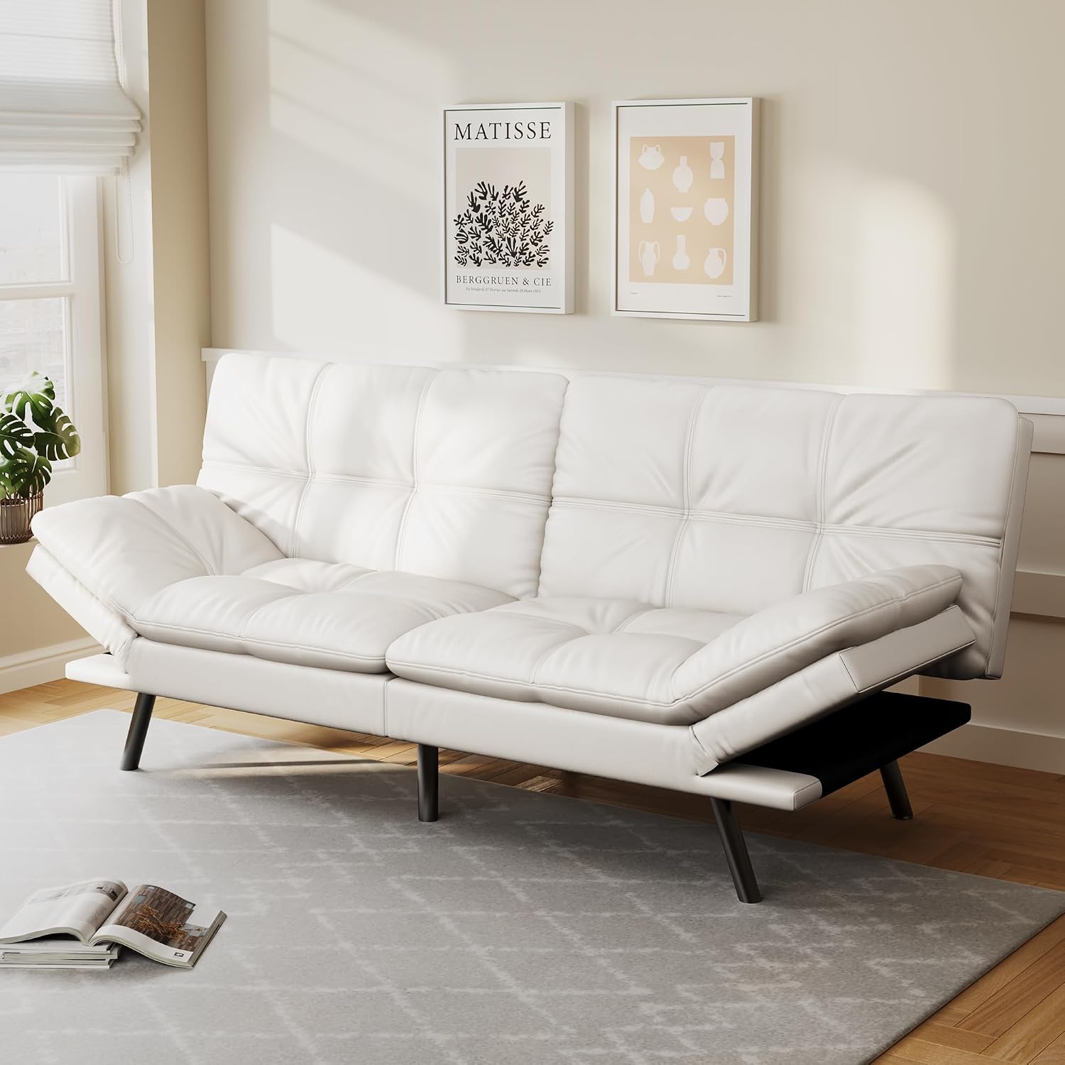 Opoiar 71' L Covertible Futon Sofa Bed,Faux Leather Futon Couch, Memory Foam Modern Loveseat Sleeper, Small Splitback Sofa Couches for Living Room,RV,Home Office,Apartment,White