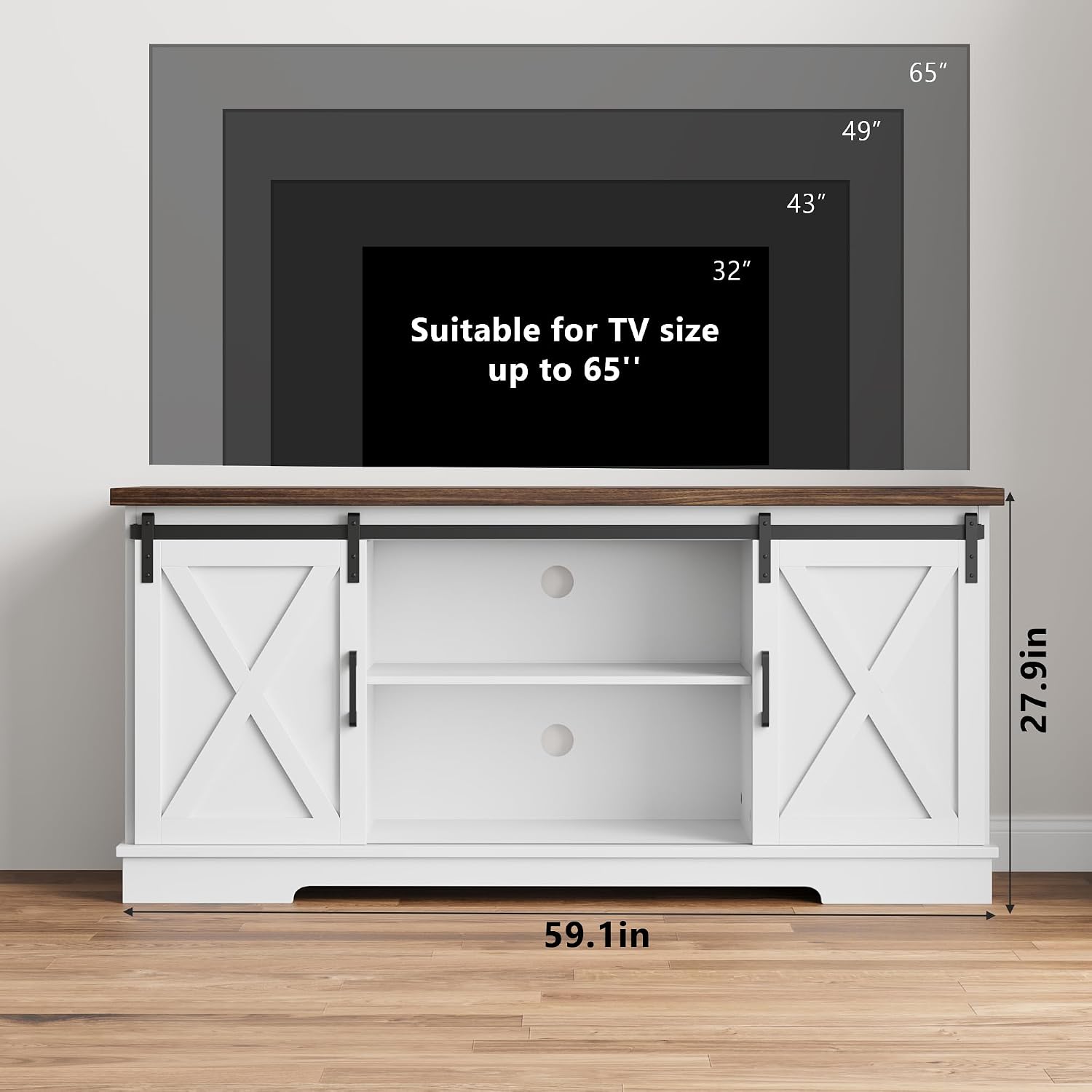 IDEALHOUSE Farmhouse Tv Stand for 65 inch TVs, Entertainment Center with Sliding Barn Doors and Adjustable Shelf, Modern Storage Media TV Console TV Stand Table for Living Room, Bedroom, White & Brwon