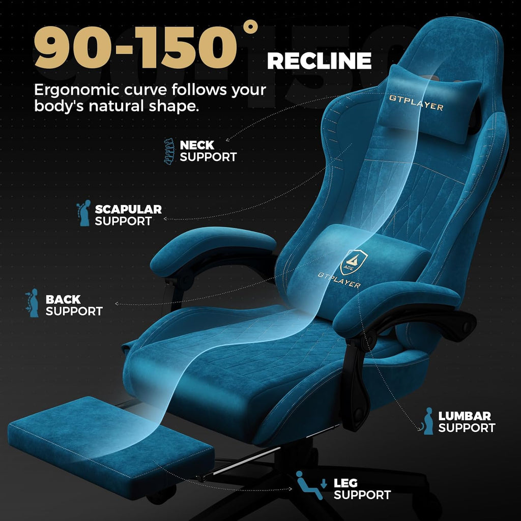 GTPLAYER ACE-PRO Music Gaming Chairs – Built-in Speakers, App Support & Bluetooth Control, Computer Game Chairs with Footrest for Adults, Ergonomic Reclining Silla, Linkage Armrest, Blue 【Velvet】