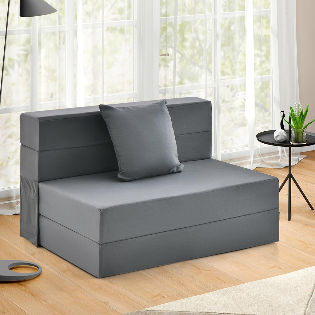 Giantex 6 Inch Folding Sofa Bed Couch with Pillow, Tri-fold Mattress with High-Density Foam, Foldable Floor Couch with Headrest, Portable Guest Bed with Zippered & Washable Cover, Dark Grey