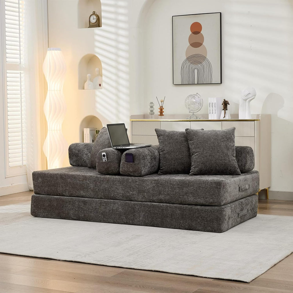 Futon Sofa Bed, Modular Convertible Folding 3 Seater Chenille Foam Floor Loveseat Sleeper Sofa Couch with 3 Pillows, No Assembly Compressed Boneless Couch, for Living Room Bedroom Guest Room, Grey
