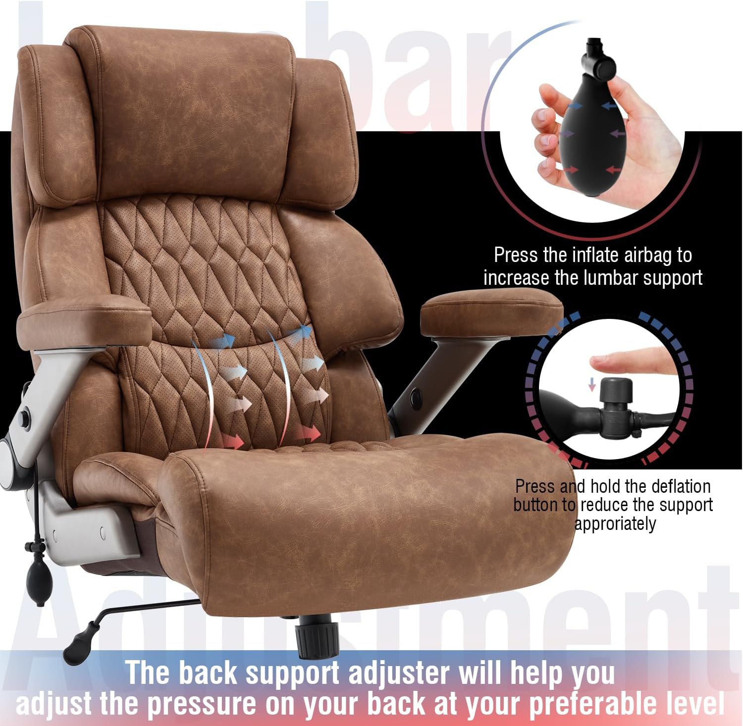 700lbs Big and Tall Office Chair - Adjustable Lumbar Support Heavy Duty Metal Base Quiet Rubber Wheels High Back Large Executive Computer Desk Swivel Chair, Ergonomic Design for Back Pain