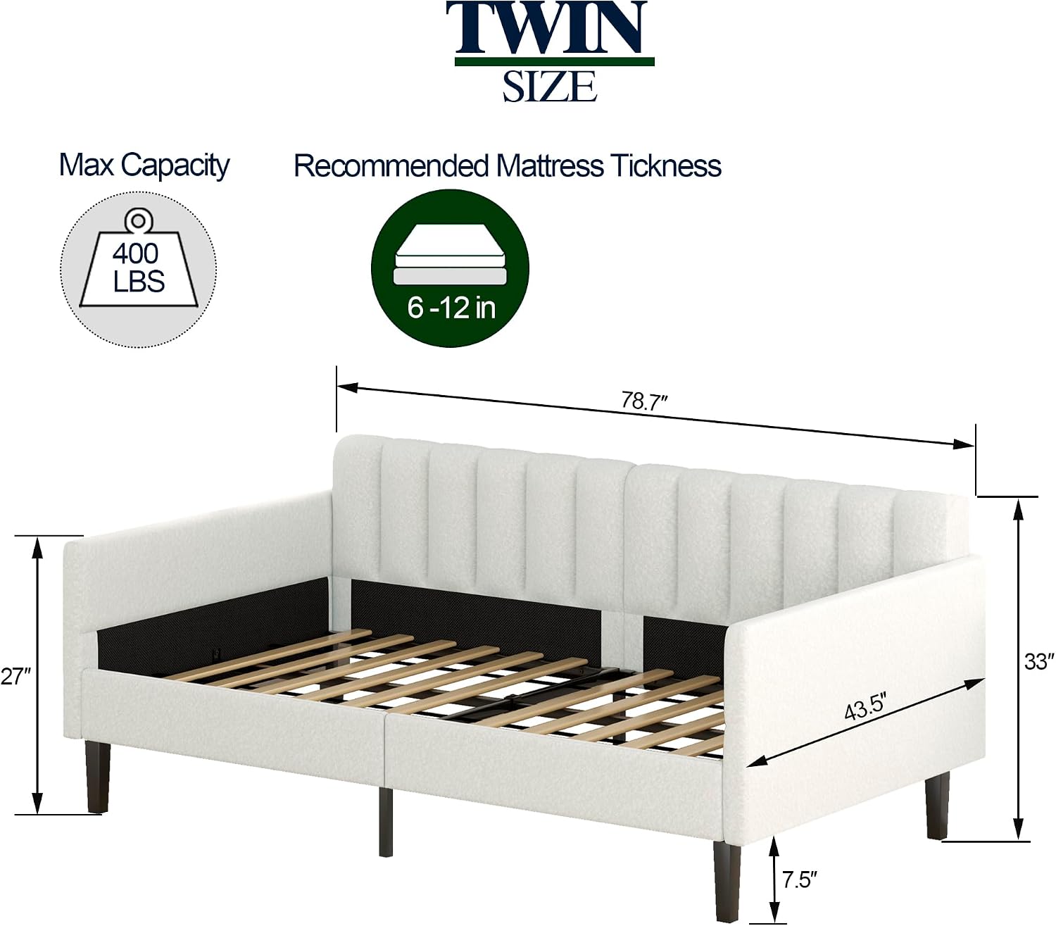 GDFStudio Twin Size Upholstered Daybed, Futon Sofa Bed Ribbed Tufted Backrest Lavish Modern Design, Couch Bed Frame for Bedroom Living Room Guest Room Apartment,Ivory Boucle