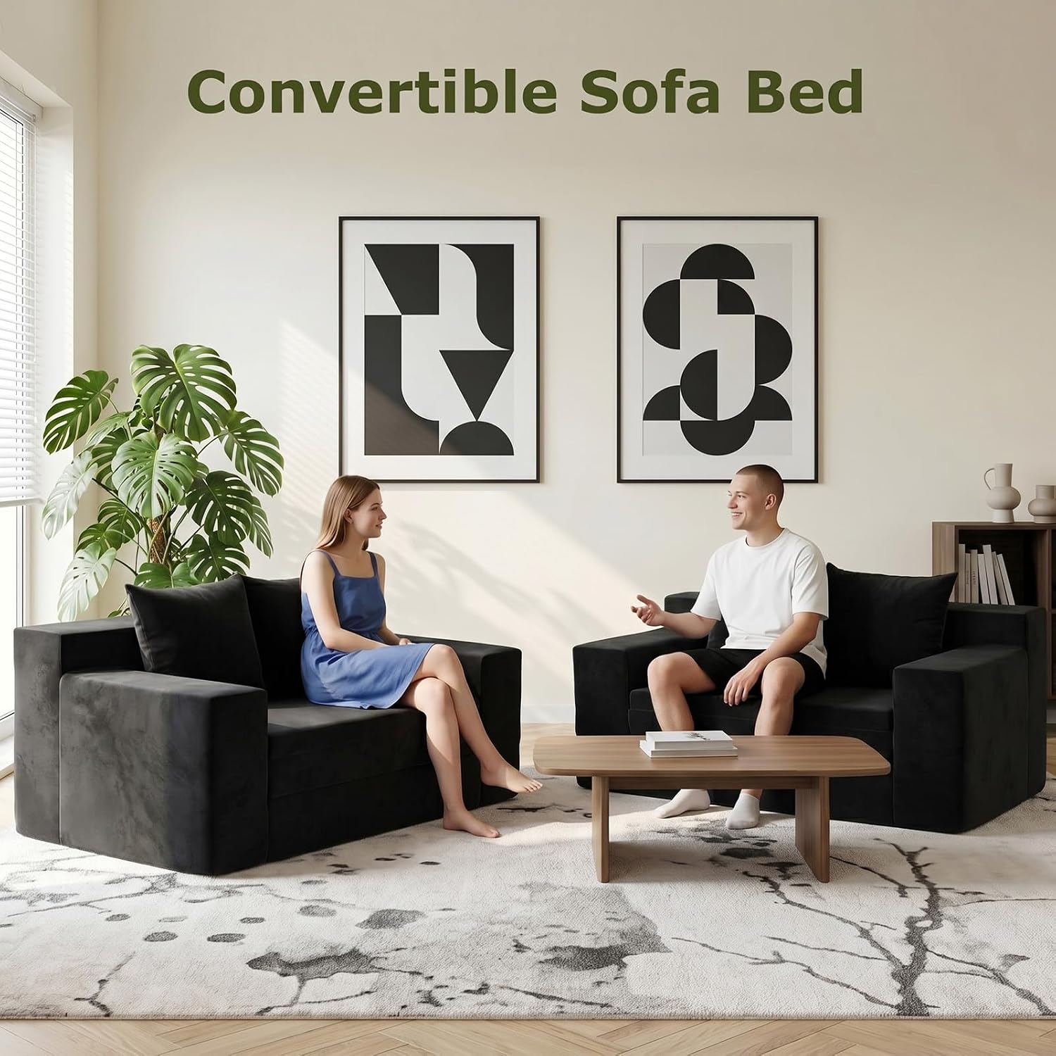 Boneless Couch Loveseat Sleeper, Convertible Sofa Bed Folding Couch Bed, Boneless Chair Bed & Futon Sofa Bed, Small Pull Out Couch Foldable with 4 Pillows for Living Room, Black