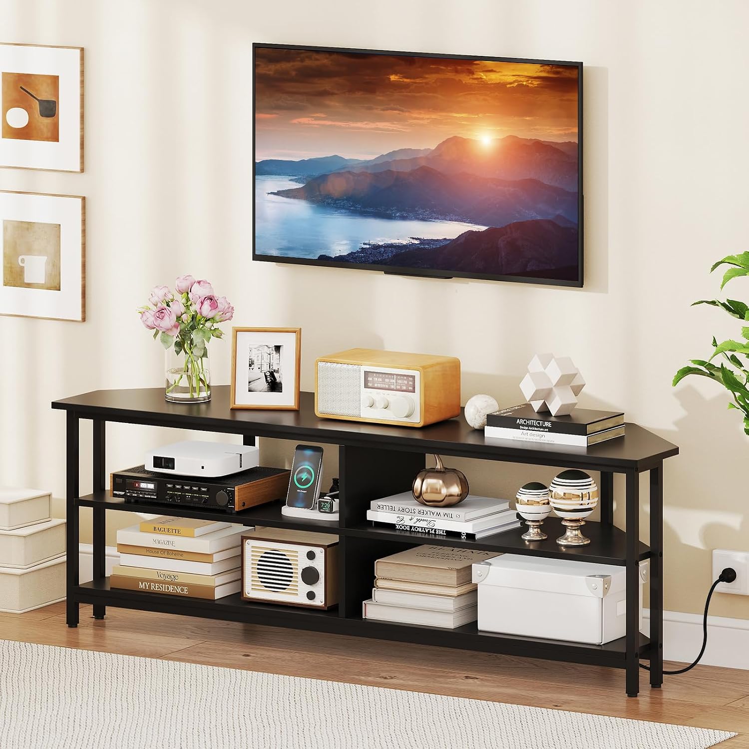 Giantex Corner TV Stand for 65 Inch TV, Modern Entertainment Center w/Power Outlet, Storage Shelves&Metal Frame, Media TV Console Table for Living Room, Bedroom, Small Spaces, Black