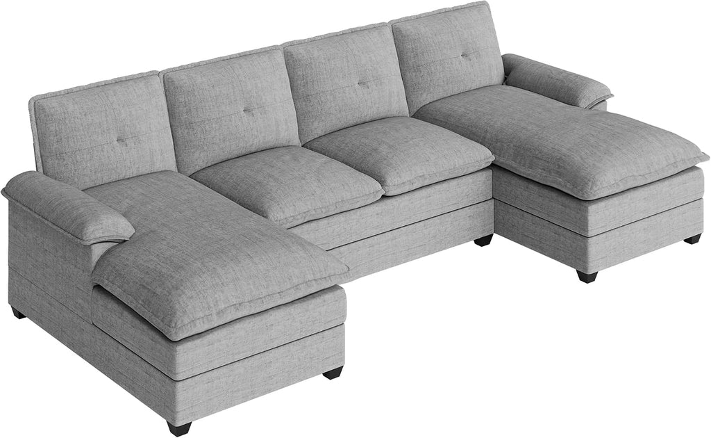 110' Sectional Couches for Living Room,U Shaped Big Sofa Couch with Double Chaise,Modern 4 Seat Modular Sofa Couches with Thick Cushion & Soft Backrest,New Grey
