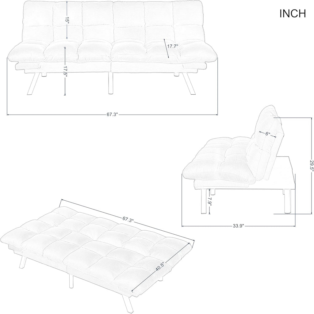Black Modern Corduroy Convertible Folding Futon Couch Sofa Bed，Armless Cloud Double Loveseat Sofa Adjustable Backrest for Compact Living Dorm Game Studio Apartment Bedroom