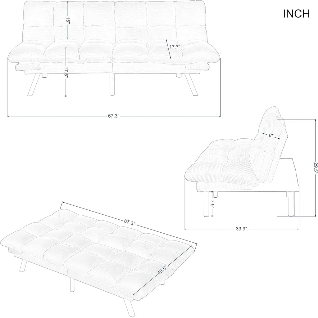 Modern Corduroy Convertible Folding Futon Couch Sofa Bed Adjustable Pillow Top Arm Memory Foam Couch Double Loveseat Sofa for Compact Living Space,Dorm,Game Studio,Apartment,Bedroom (Dark Gray)