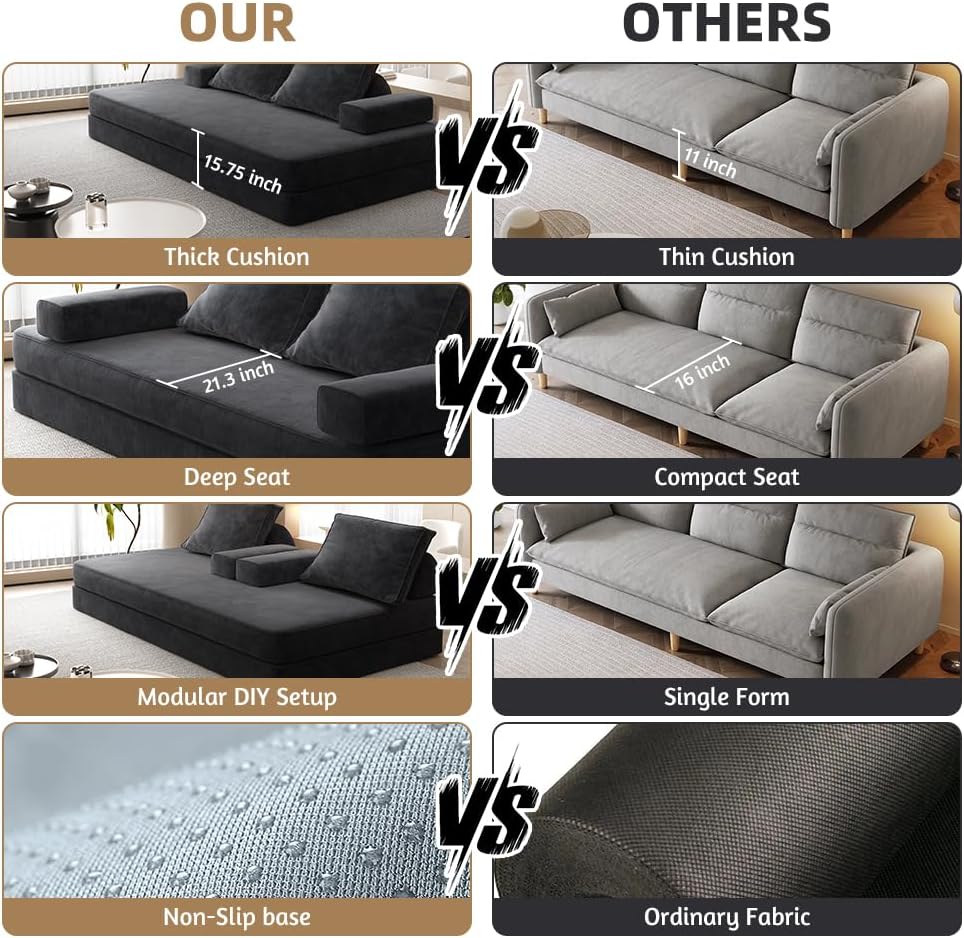 86.6' Queen Floor Sleeper Sofa Bed | Convertible Foam Folding Mattress Couch | King Size Futon Couch Bed for Adjustable Backrests | Sleeper Lounge Chair for Living Room, Playroom, Apartment, Dark Grey