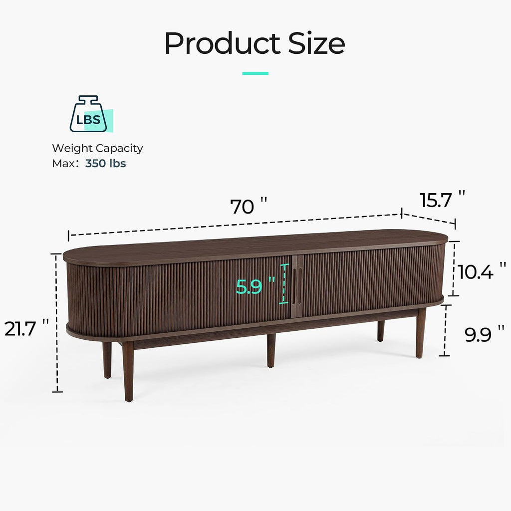 LINSY HOME 70' Fluted TV Stand for TVs up to 80 Inch, Mid Century Modern Entertainment Center with Storage Cabinet and Sliding Doors, Farmhouse Wood Media TV Console for Living Room, Bedroom, Walnut