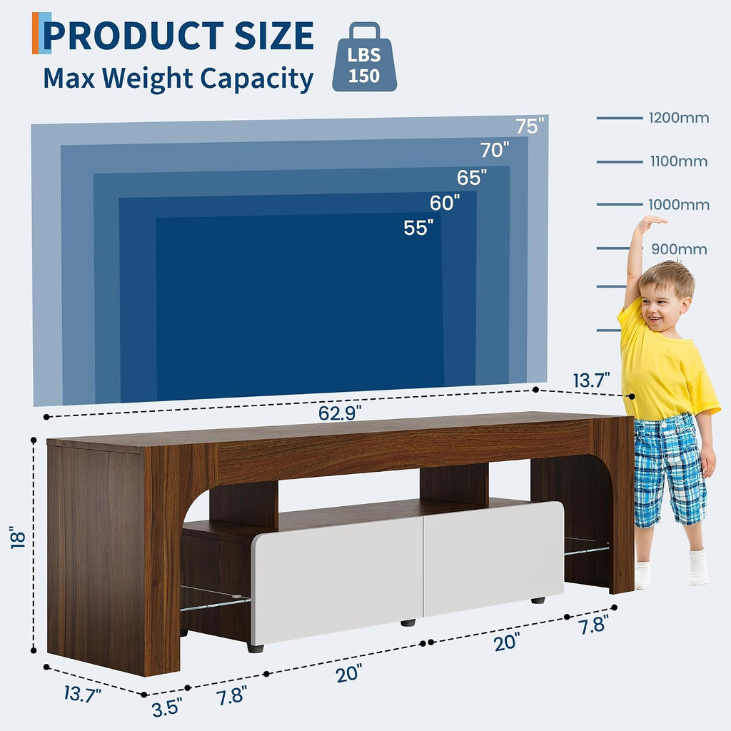 Garvee Modern Lighting TV Stand with Large Storage Drawer for 50 55 60 65 70 75 Inch TVs, TV Console Table with Control Color LED Lights, Entertainment Center Media for Living Room, Bedroom, Walnut