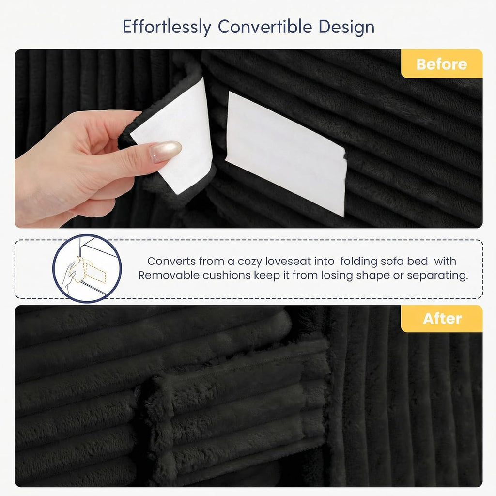 cidludto Boneless Couch Loveseat Sleeper, Convertible Sofa Bed Folding Couch Bed Foldable, 2 in 1 Boneless Chair Bed & Futon Sofa Bed, Small Pull Out Sofa with 4 Pillows for Living Room, Black | No Assembly, Convertible, 2 in 1, Pull Out Handle, 4 Pillows