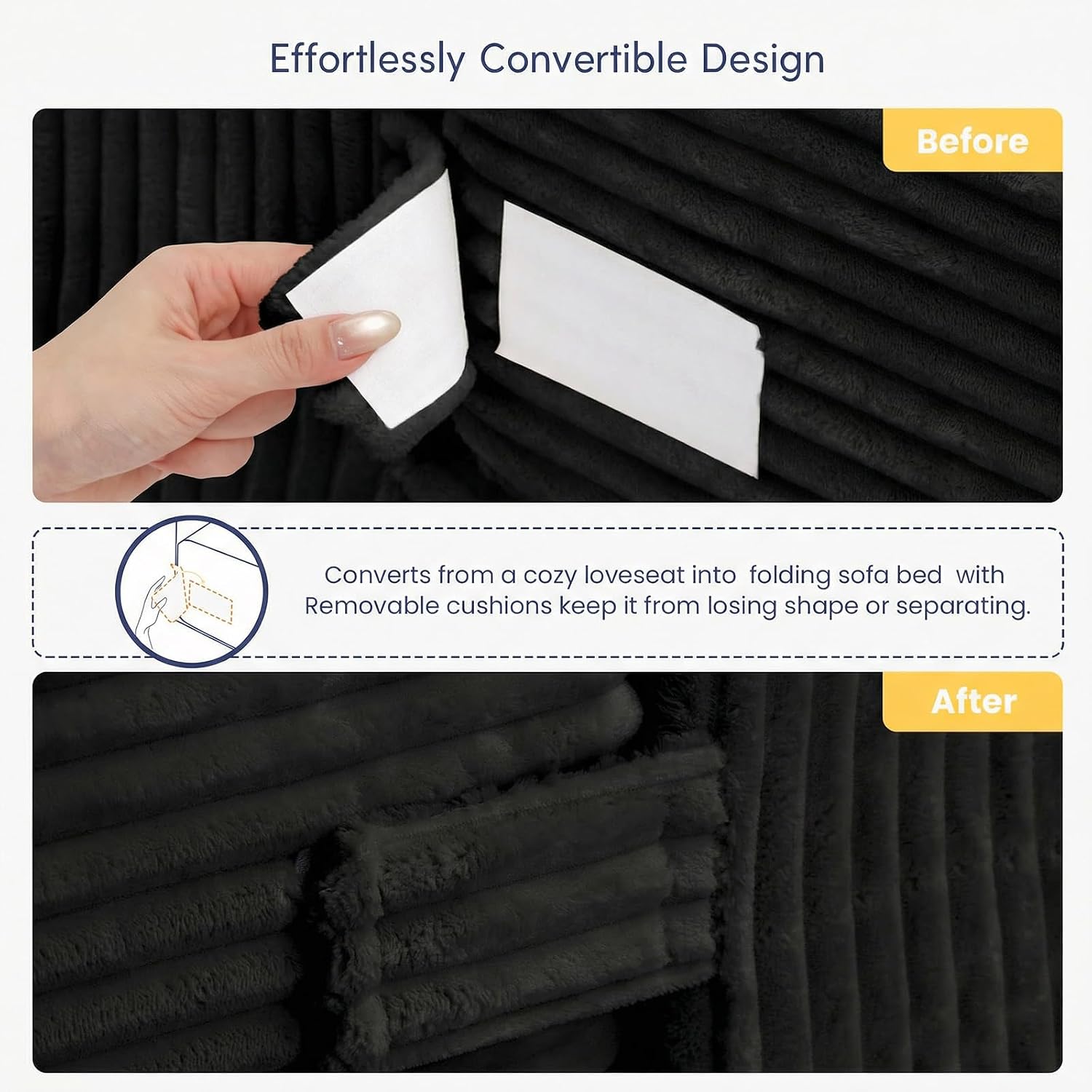 cidludto Boneless Couch Loveseat Sleeper, Convertible Sofa Bed Folding Couch Bed Foldable, 2 in 1 Boneless Chair Bed & Futon Sofa Bed, Small Pull Out Sofa with 4 Pillows for Living Room, Black | No Assembly, Convertible, 2 in 1, Pull Out Handle, 4 Pillows