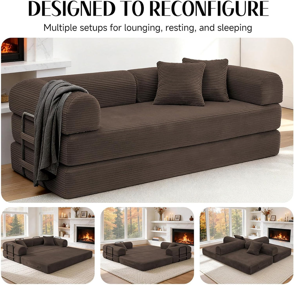 79'' Convertible Sofa Bed, Boneless Couch-in-a-Box, Corduroy Floor Futon Loveseat Sleeper, 26'' Deep Seat, Removable Machine-Wash Covers, No Assembly, 2 Pillows, Brown