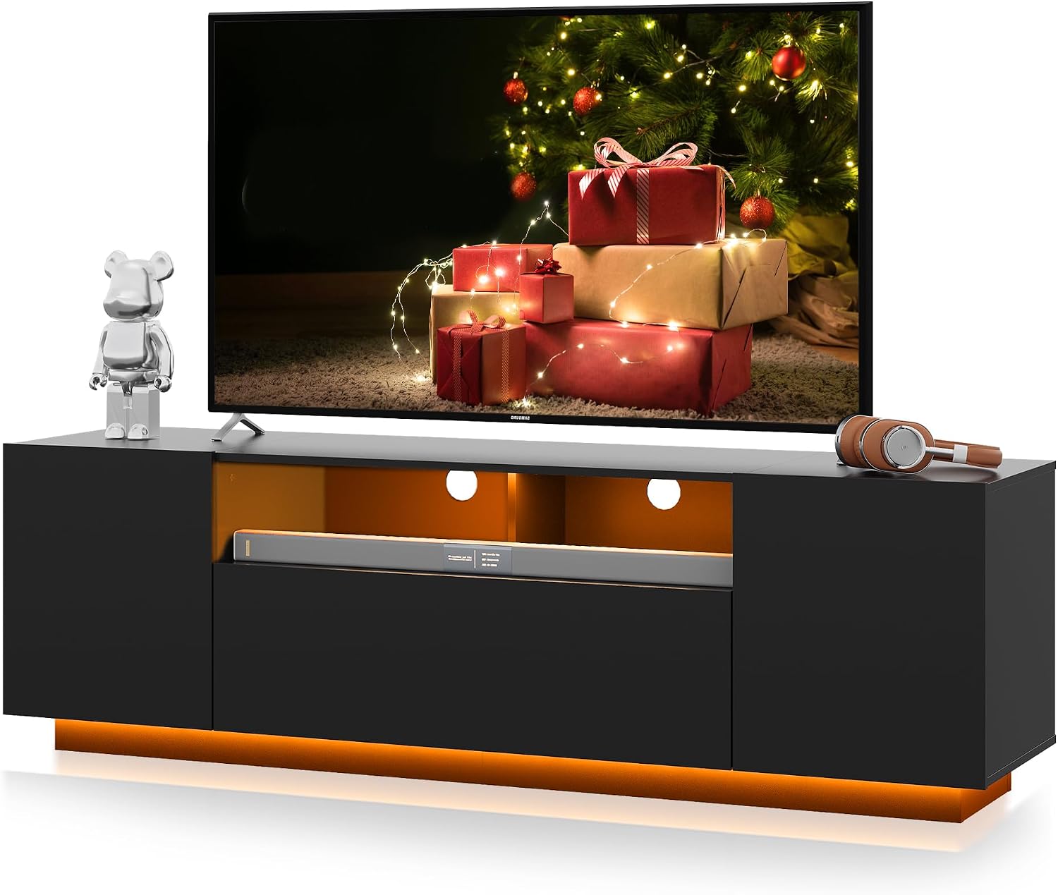 WLIVE Modern TV Stand for 65 Inch TV, Entertainment Center with LED Lights & Large Storage Cabinets, Sturdy Media Console for Living Room, Bedroom, Gaming(Black)