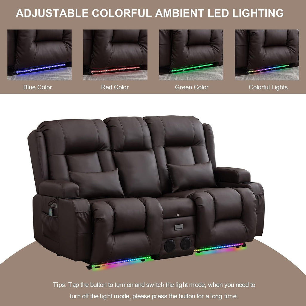 TUNYI Power Loveseat Recliner Sofa with Massage & Heat Home Theater Seating with Console RV Recliner Loveseat Sofa with USB/Storage/Side Pocket/LED Light/Speaker (Brown, Loveseat)