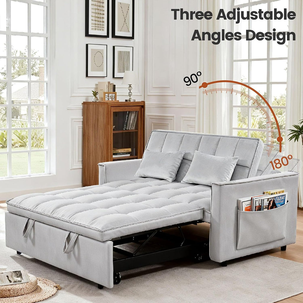 Convertible Sleeper Sofa Bed, Loveseat Sleeper Sofa with Large Side Pockets, Pull Out Sofa Bed with 3 Position Adjustable Backrest, 3 in 1 Velvet Couch Bed for Small Spaces, Apartment, Gray