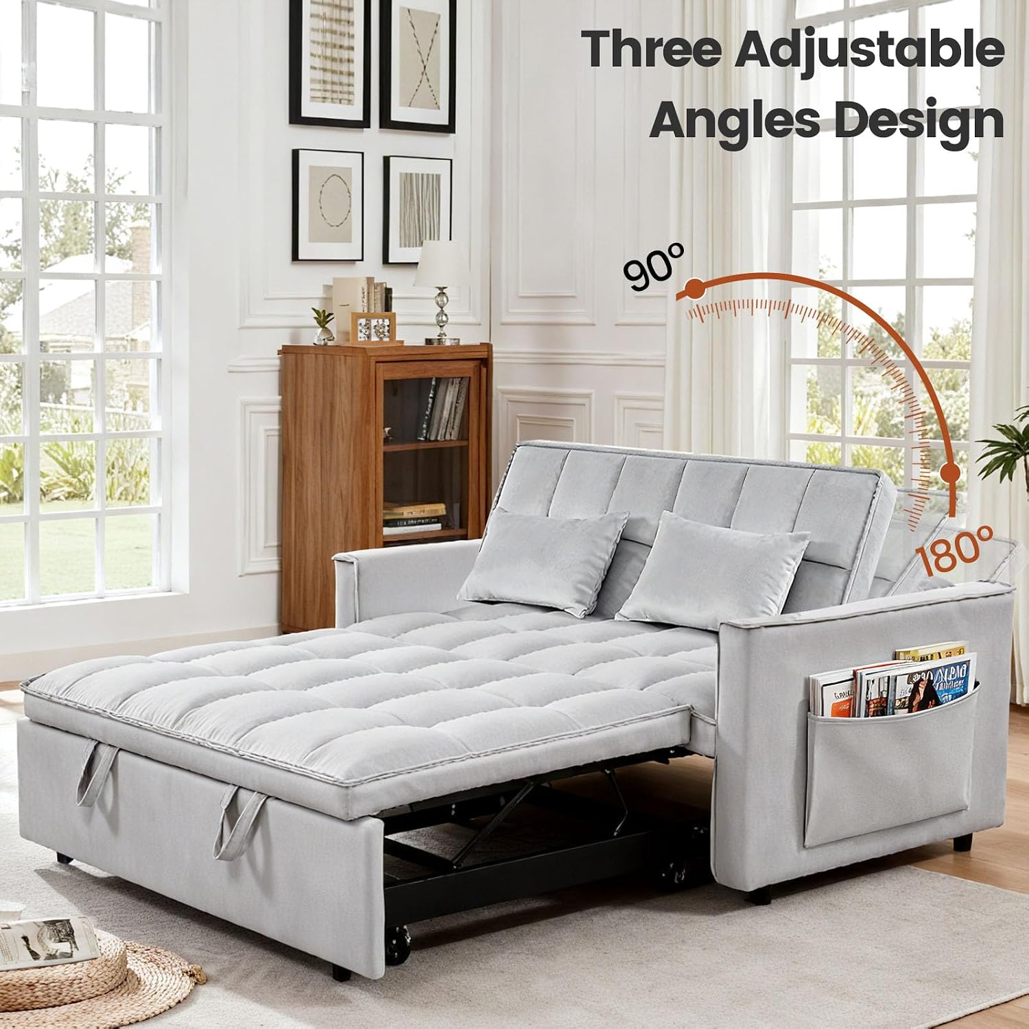 Convertible Sleeper Sofa Bed, Loveseat Sleeper Sofa with Large Side Pockets, Pull Out Sofa Bed with 3 Position Adjustable Backrest, 3 in 1 Velvet Couch Bed for Small Spaces, Apartment, Gray