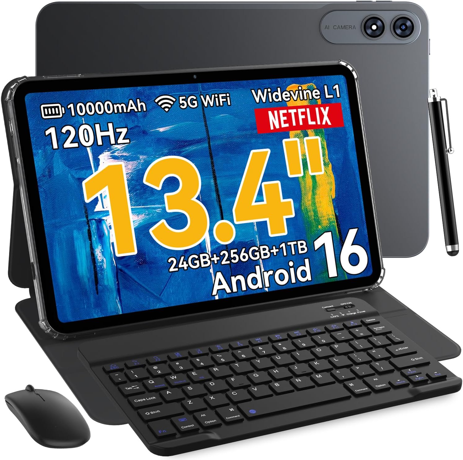 13.4 inch Best Android 16 Tablets 2025 with Keyboard and Pen,13+ inch Large Screen 2-in-1 Tablet PC with Case, Stylus, Mouse | Gemini AI Gaming Tablet, 24GB+256GB, 120Hz, Octa-Core, 10000mAh