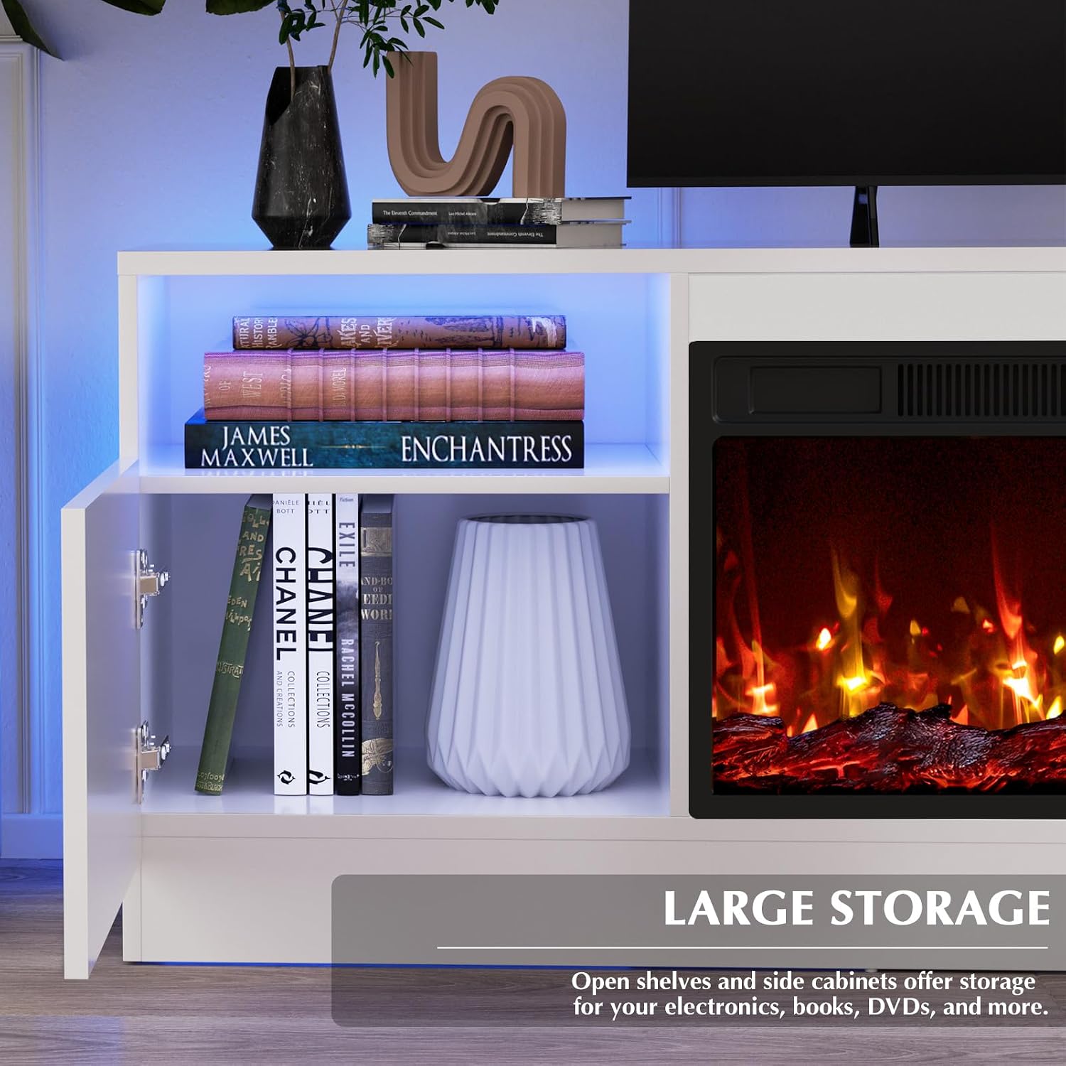Lemberi Fireplace TV Stand with 36' Electric Fireplace, Fits TVs Up to 80', 70' LED Lit Entertainment Center, Modern High Gloss Wood with Spacious Storage Cabinet for Living Room, White
