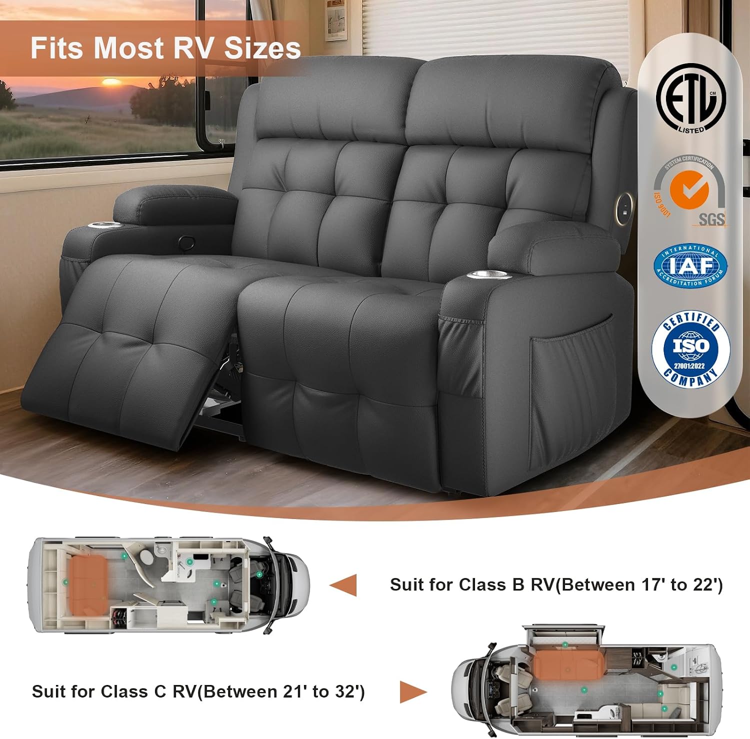 RV Loveseat Recliner Sofa, Massage Wall Hugger Recliners Couch with USB Port, Side Pockets, Cup Holders, 150° Reclining Sleeper, for RV Furniture & RV Camper & Home Theater Seating