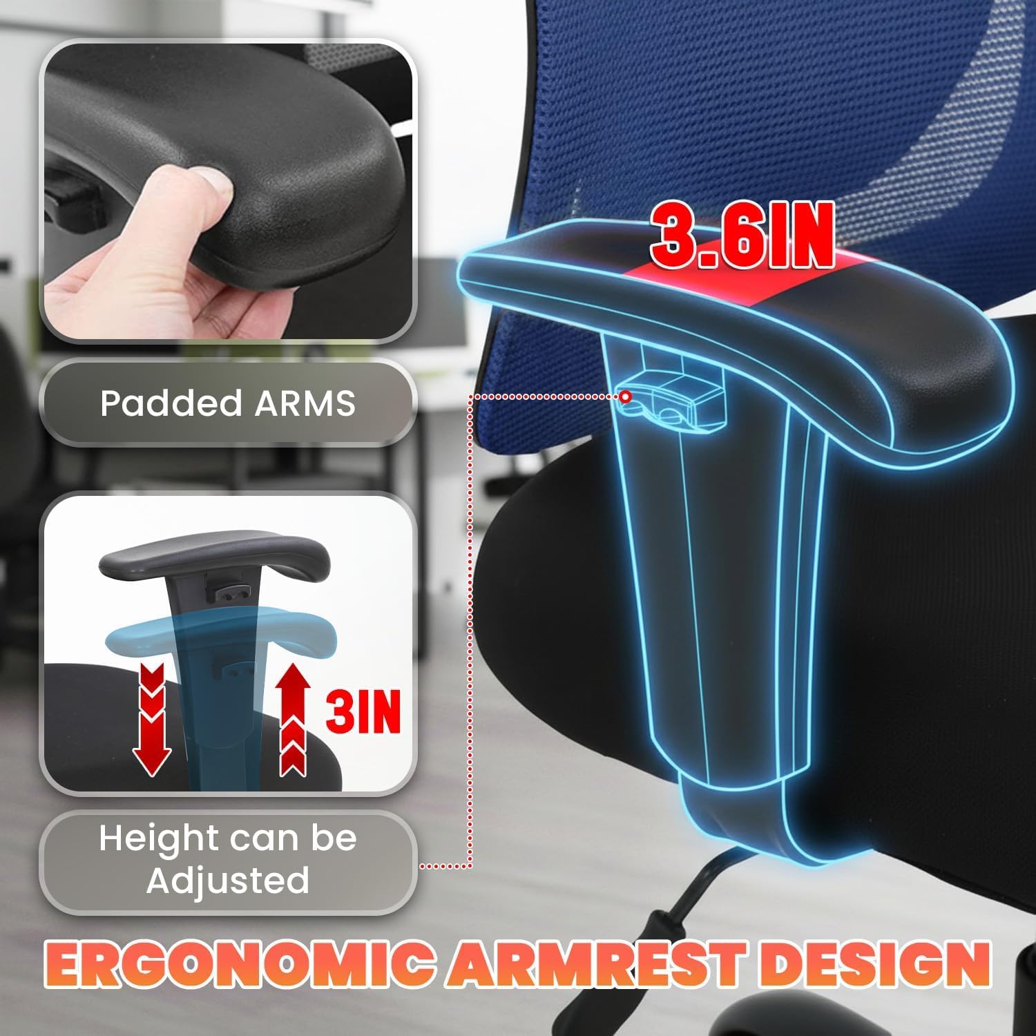 BestOffice Big and Tall Office Chair Mesh Computer Chair with Lumbar Support Wide Seat Adjust Arms Rolling Swivel High Back Task Executive Ergonomic Chair for Home Office, Blue