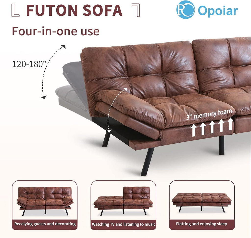 Opoiar Leather Futon Sofa Bed,Convertible Memory Foam Couch Bed,Futon Sets Daybed with Mattress Included,Folding Modern Sleeper Sofa Love seat for RV Car Living Room&Bedroom Small Space,Brown